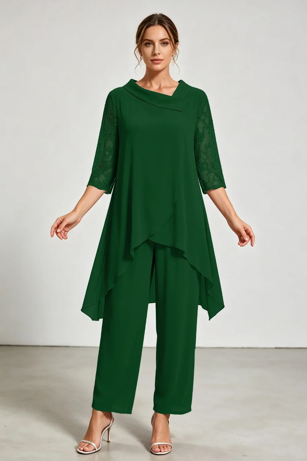 Caroline | Chiffon Pantsuit with Lace Sleeves
