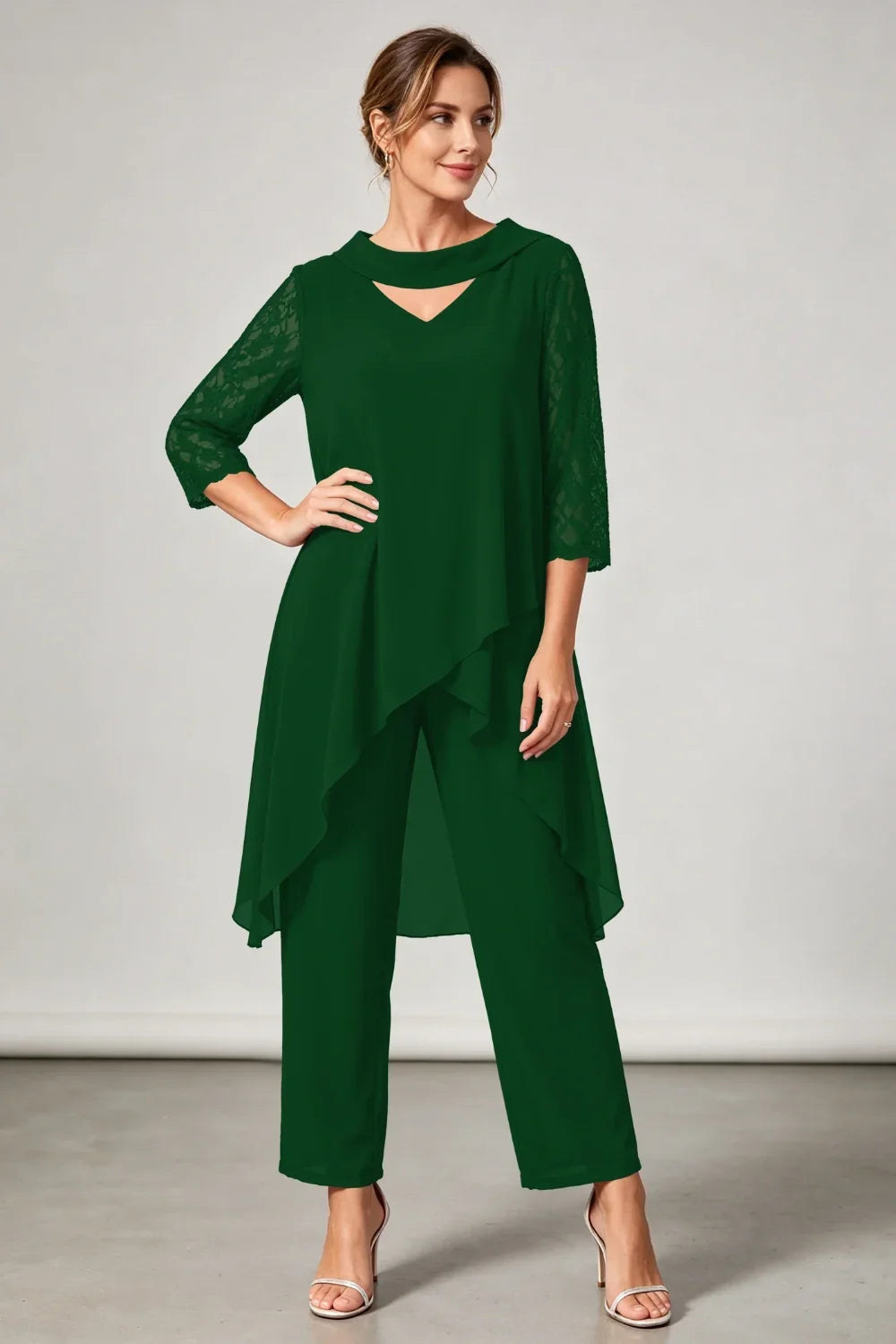 Hilde | Chiffon Pantsuit with Lace Sleeves