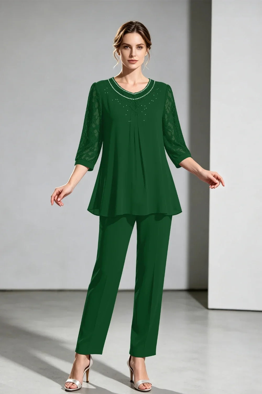 Brigitte | Chiffon Pant Suit with Lace Sleeves