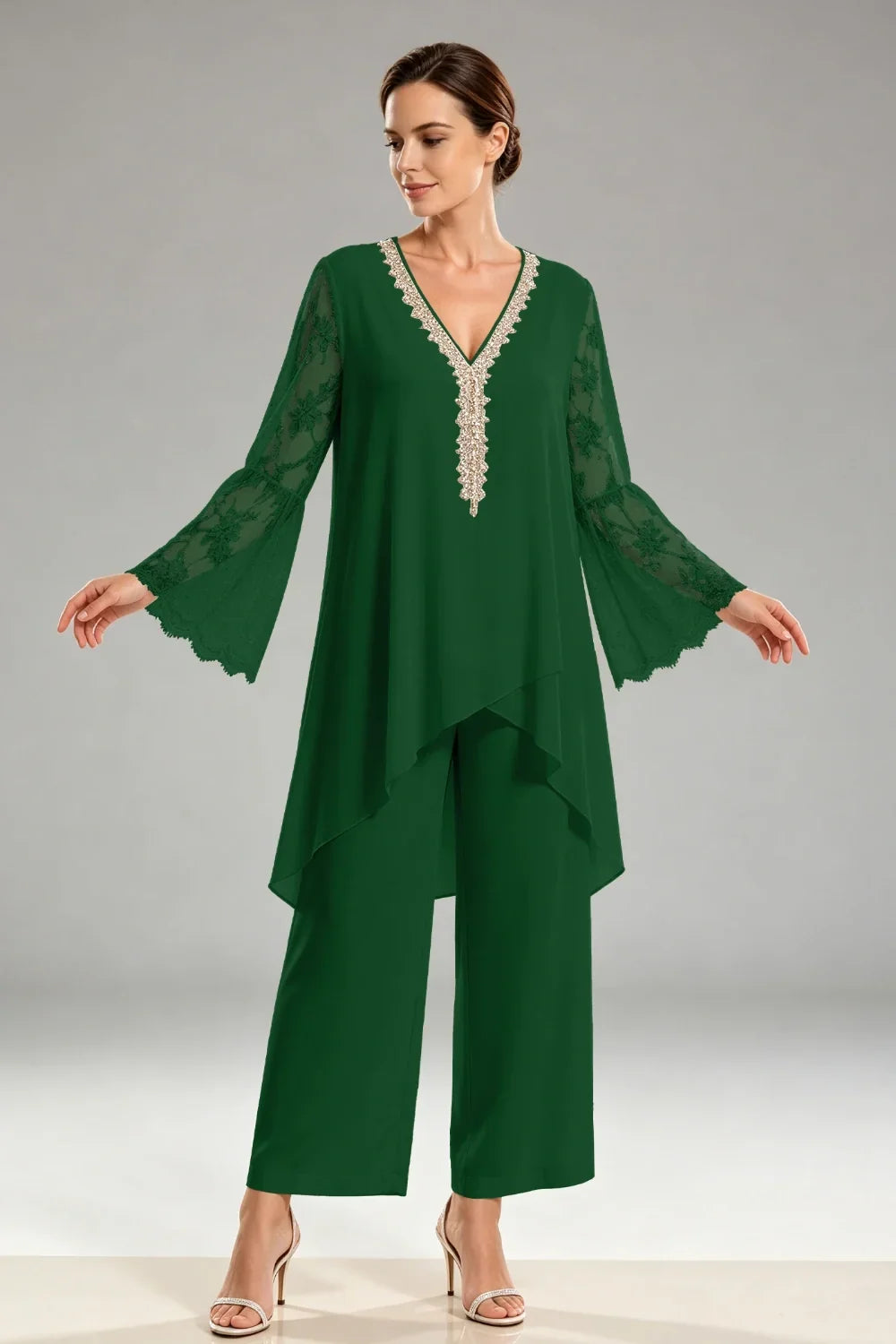 Saskia | Ivory Chiffon Pant Suit with Lace