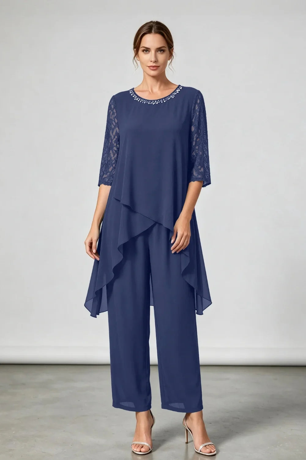 Annemarie | Layered Chiffon Jumpsuit with Decorative Neckline