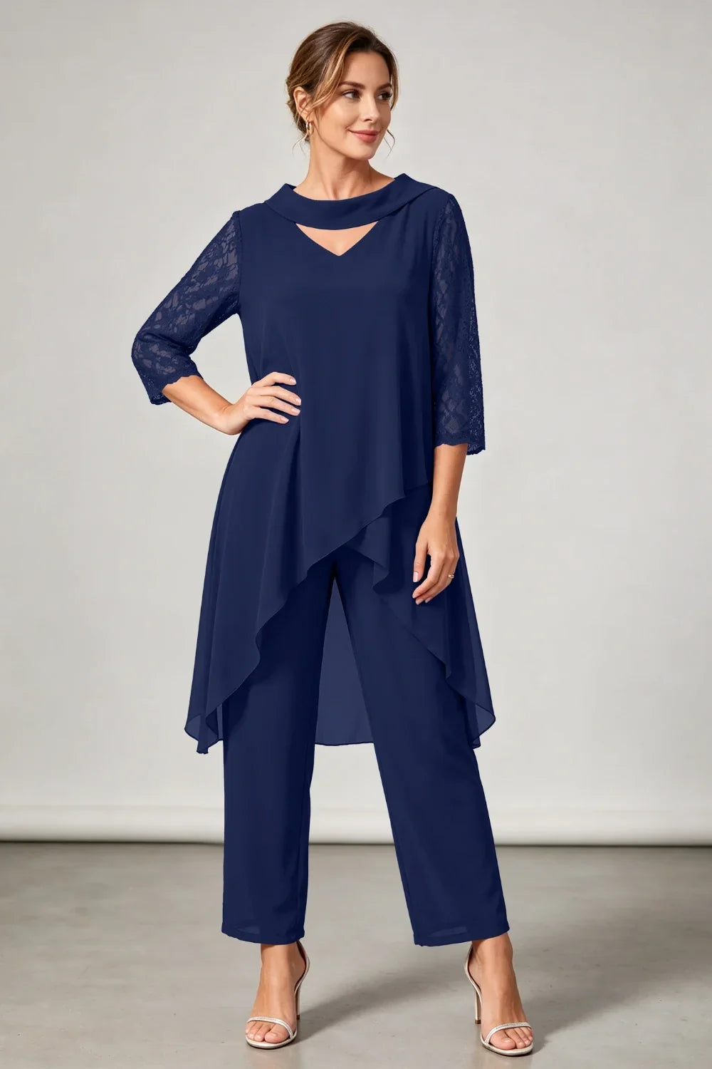 Hilde | Chiffon Pantsuit with Lace Sleeves