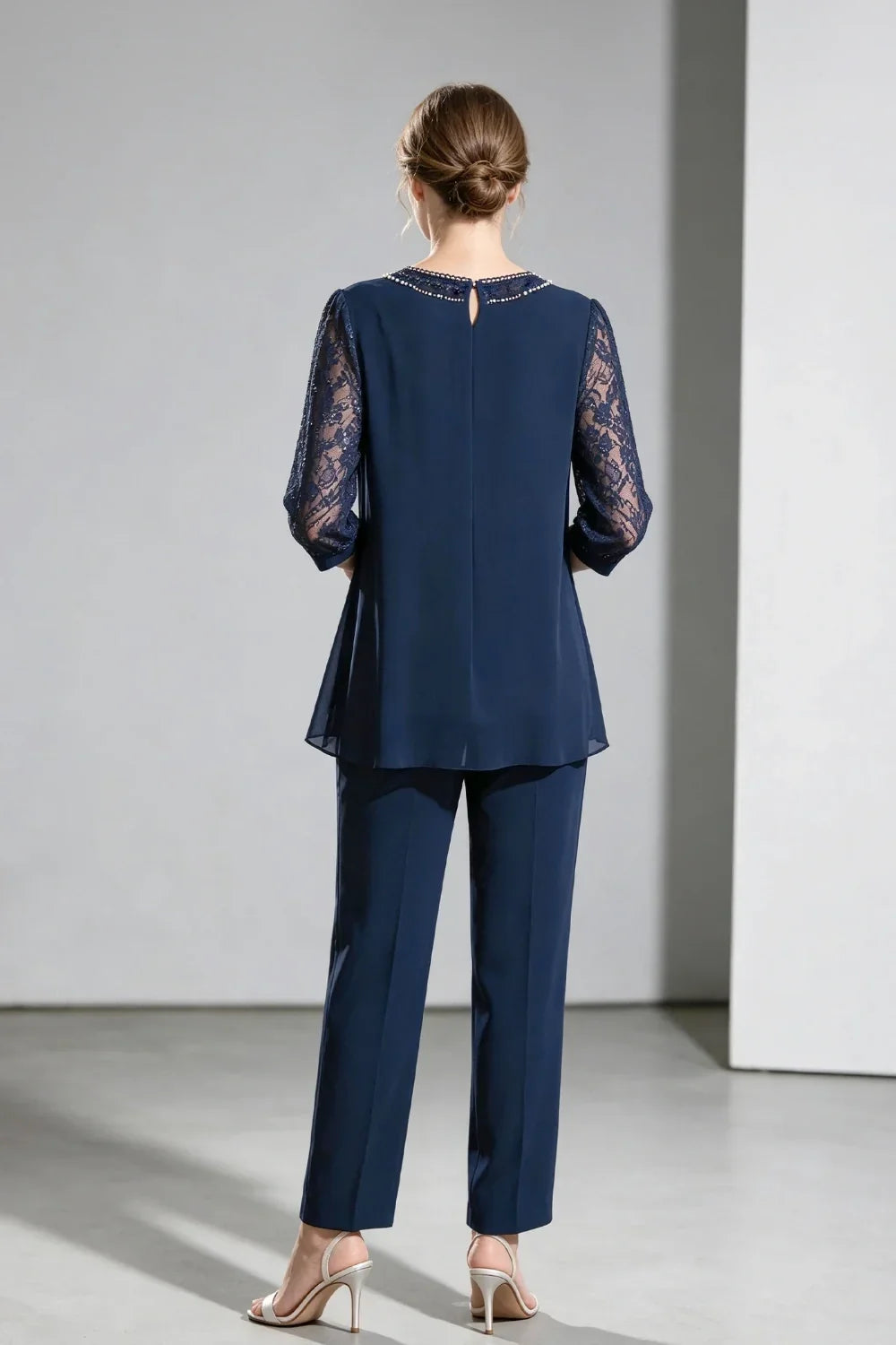 Brigitte | Chiffon Pant Suit with Lace Sleeves