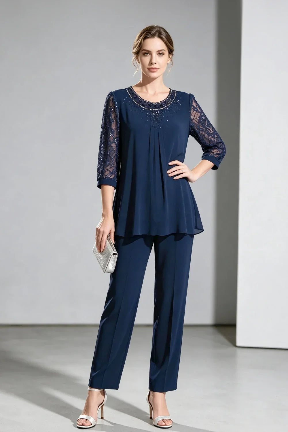 Brigitte | Chiffon Pant Suit with Lace Sleeves