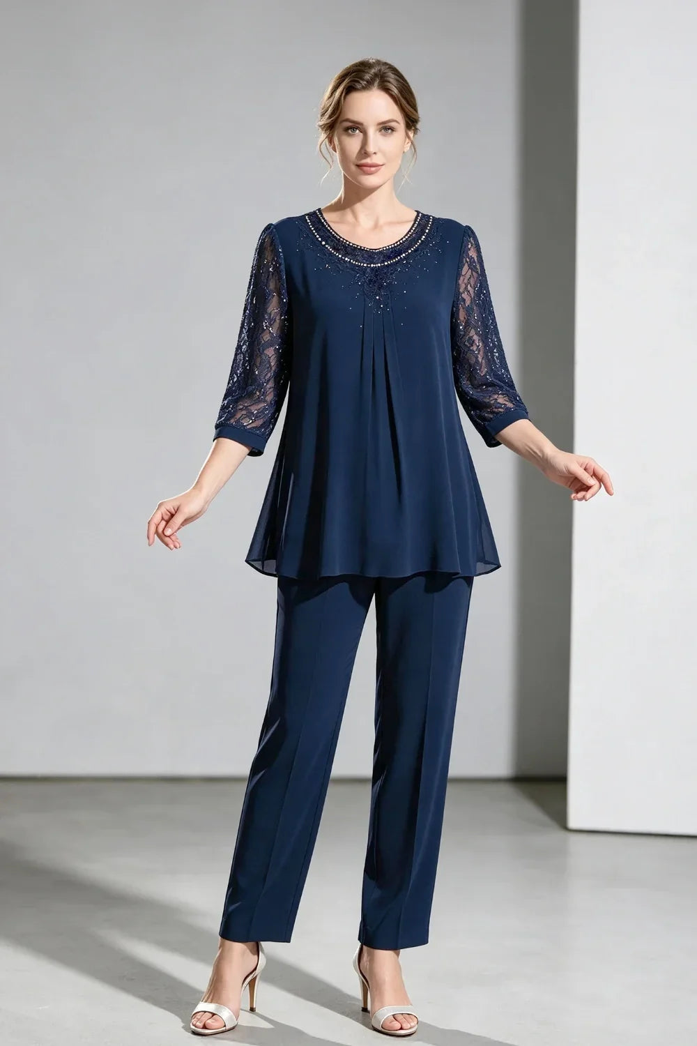 Brigitte | Chiffon Pant Suit with Lace Sleeves