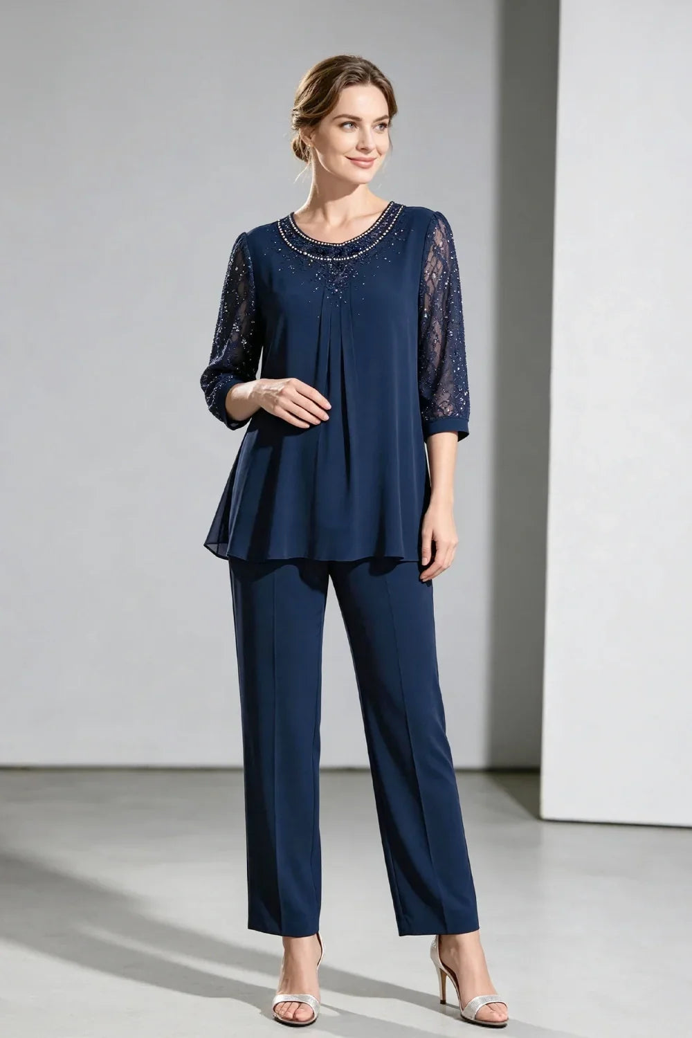 Brigitte | Chiffon Pant Suit with Lace Sleeves