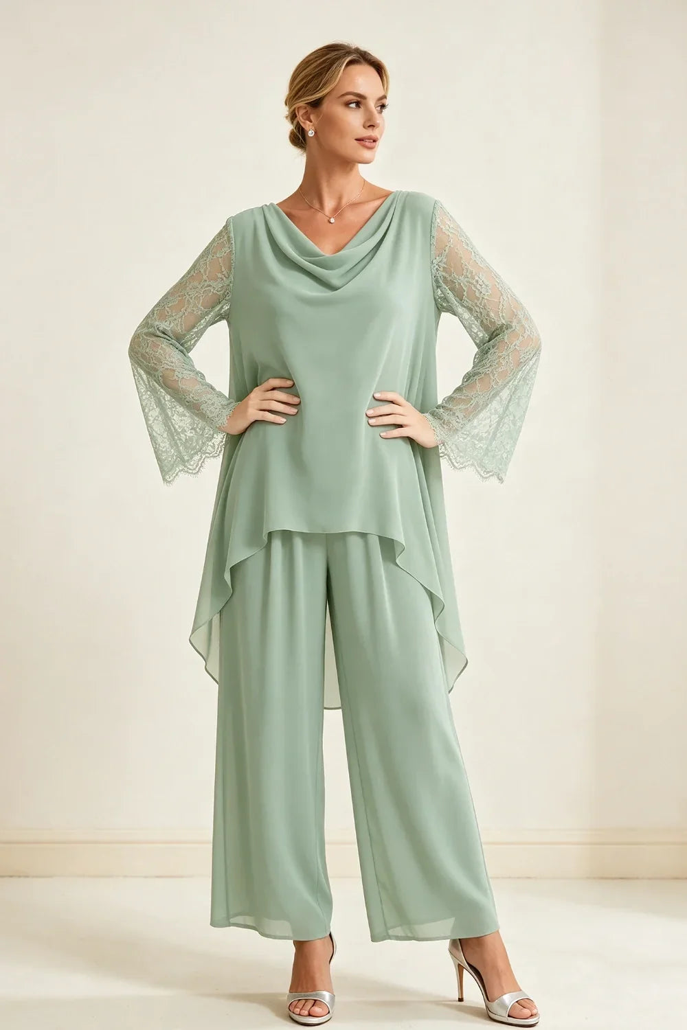 Mieke | Chiffon Pantsuit with Waterfall Neckline