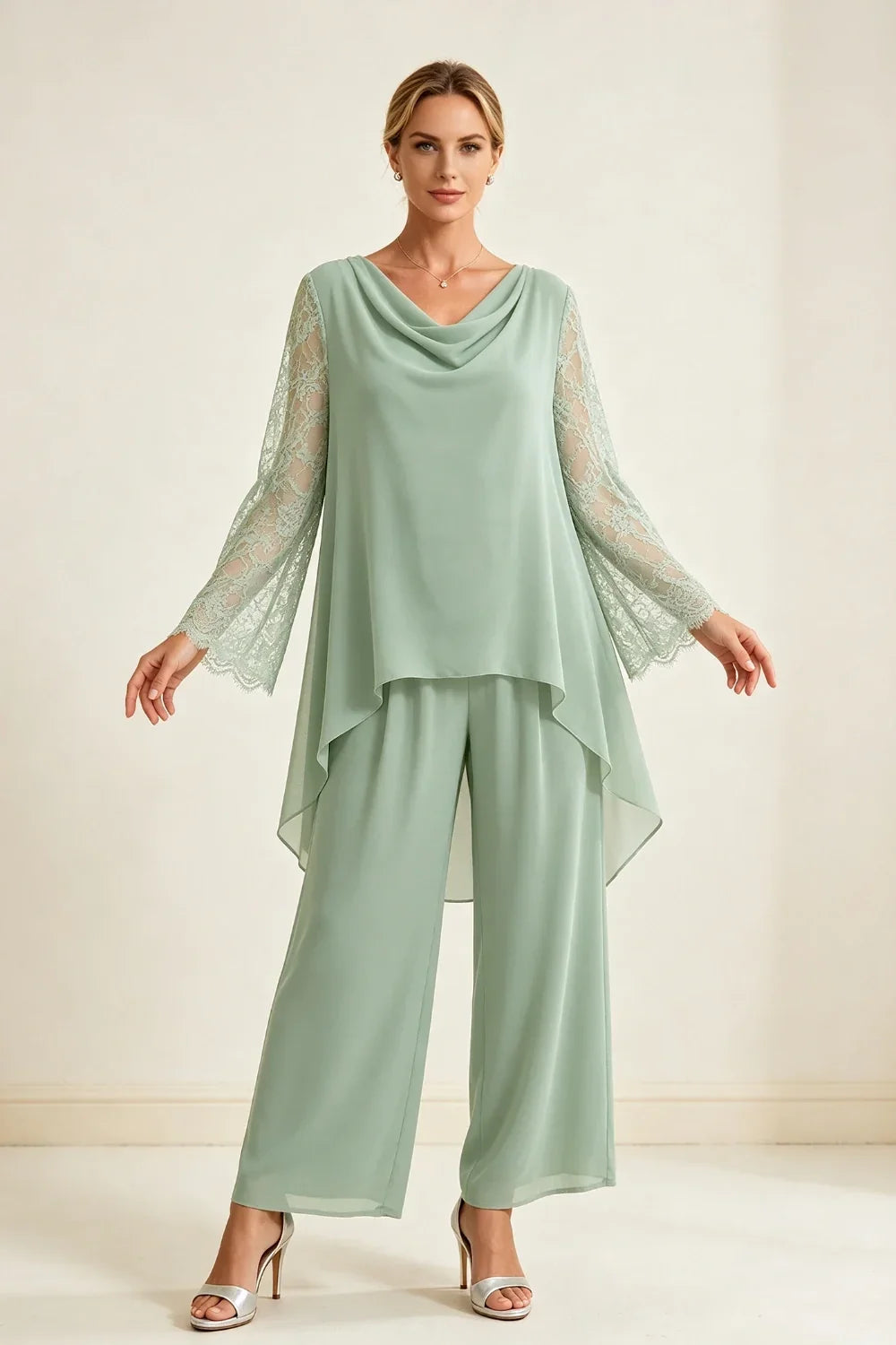 Mieke | Chiffon Pantsuit with Waterfall Neckline