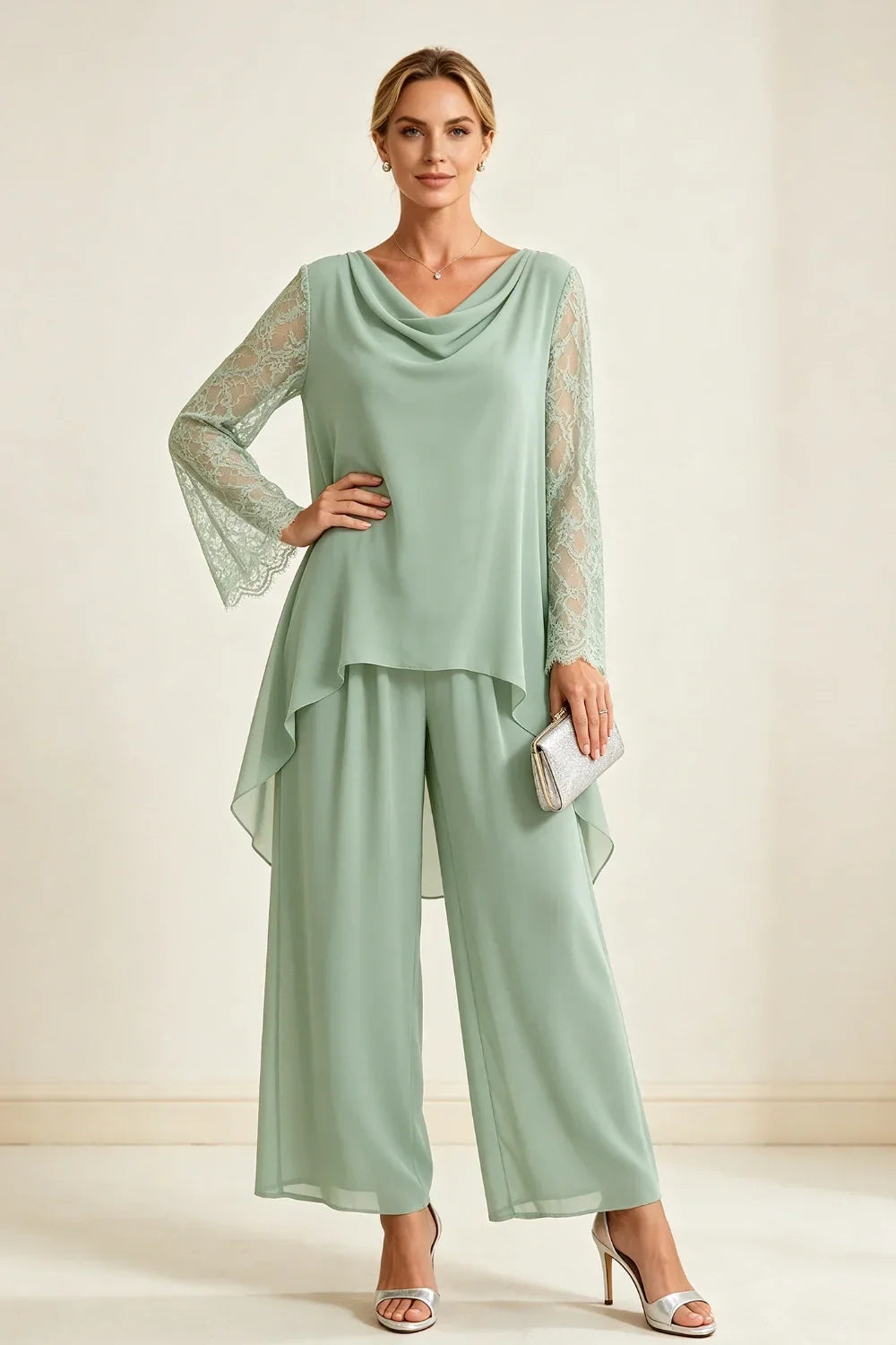 Mieke | Chiffon Pantsuit with Waterfall Neckline