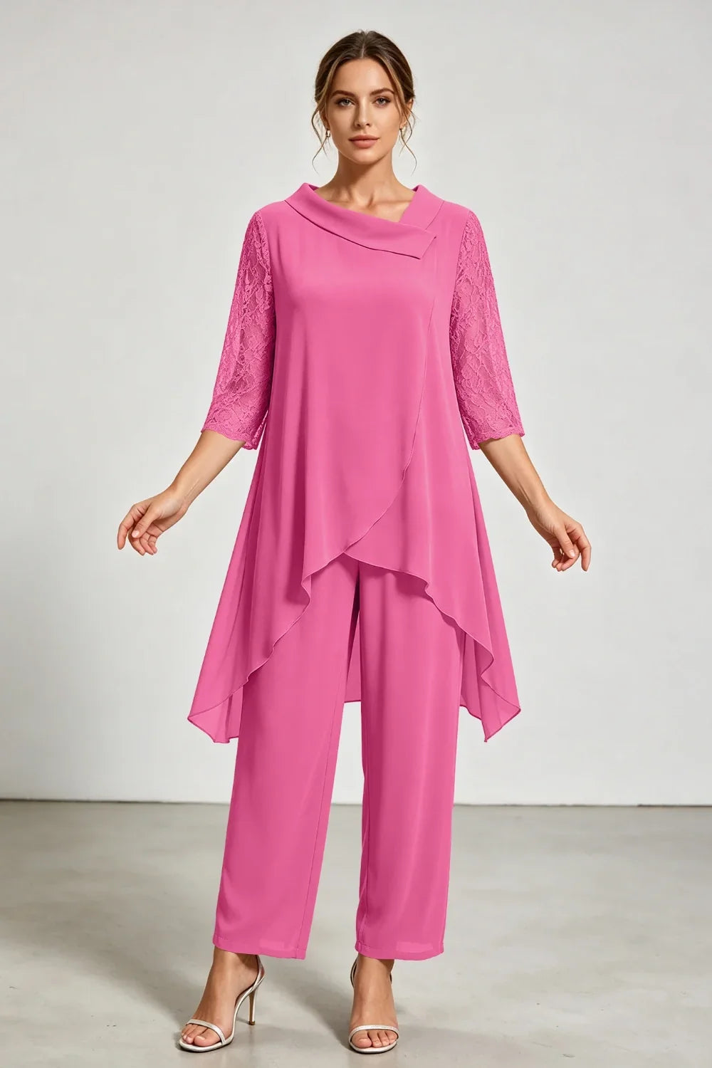 Caroline | Chiffon Pantsuit with Lace Sleeves