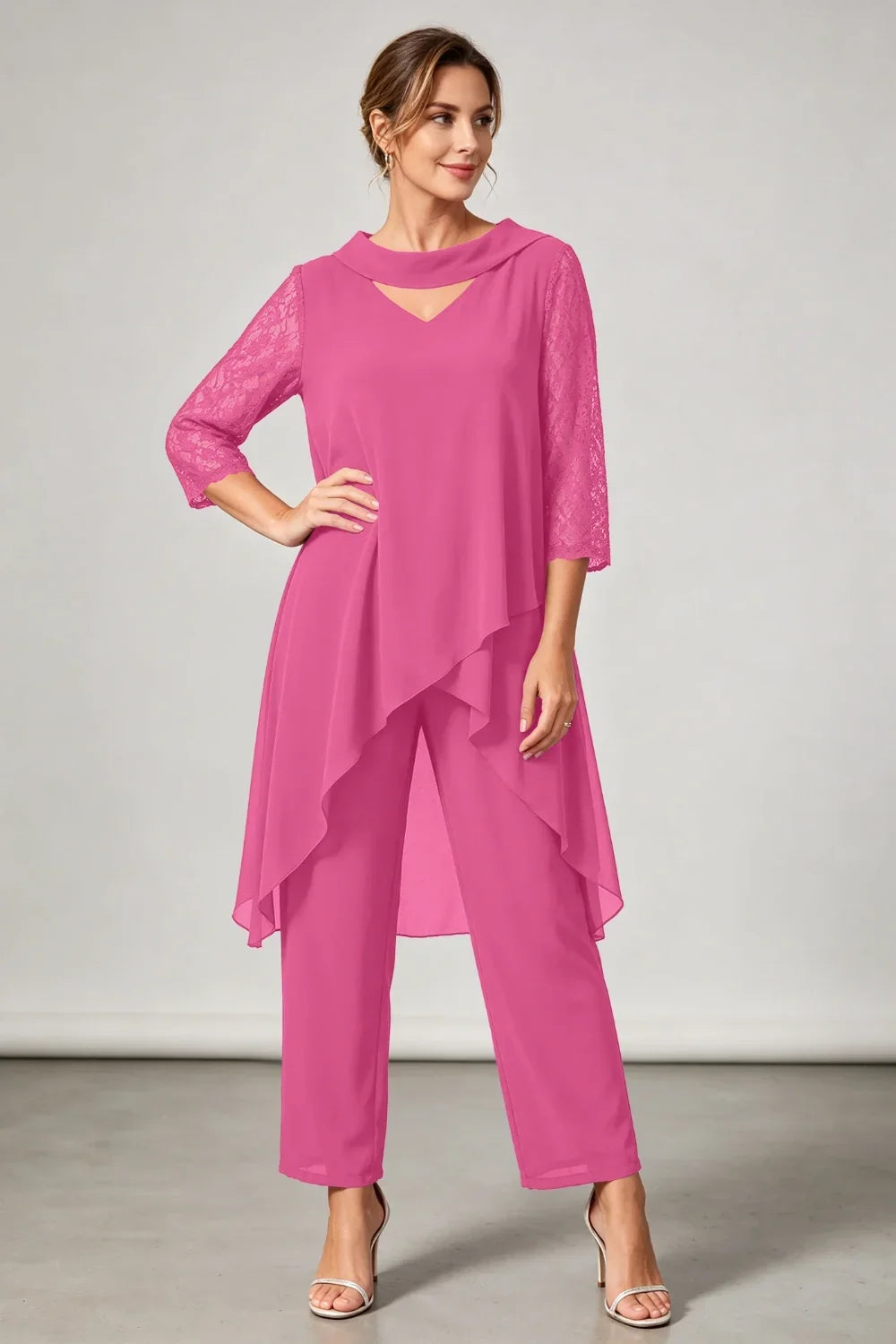 Hilde | Chiffon Pantsuit with Lace Sleeves