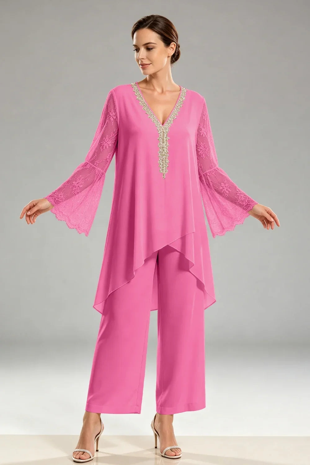 Saskia | Ivory Chiffon Pant Suit with Lace