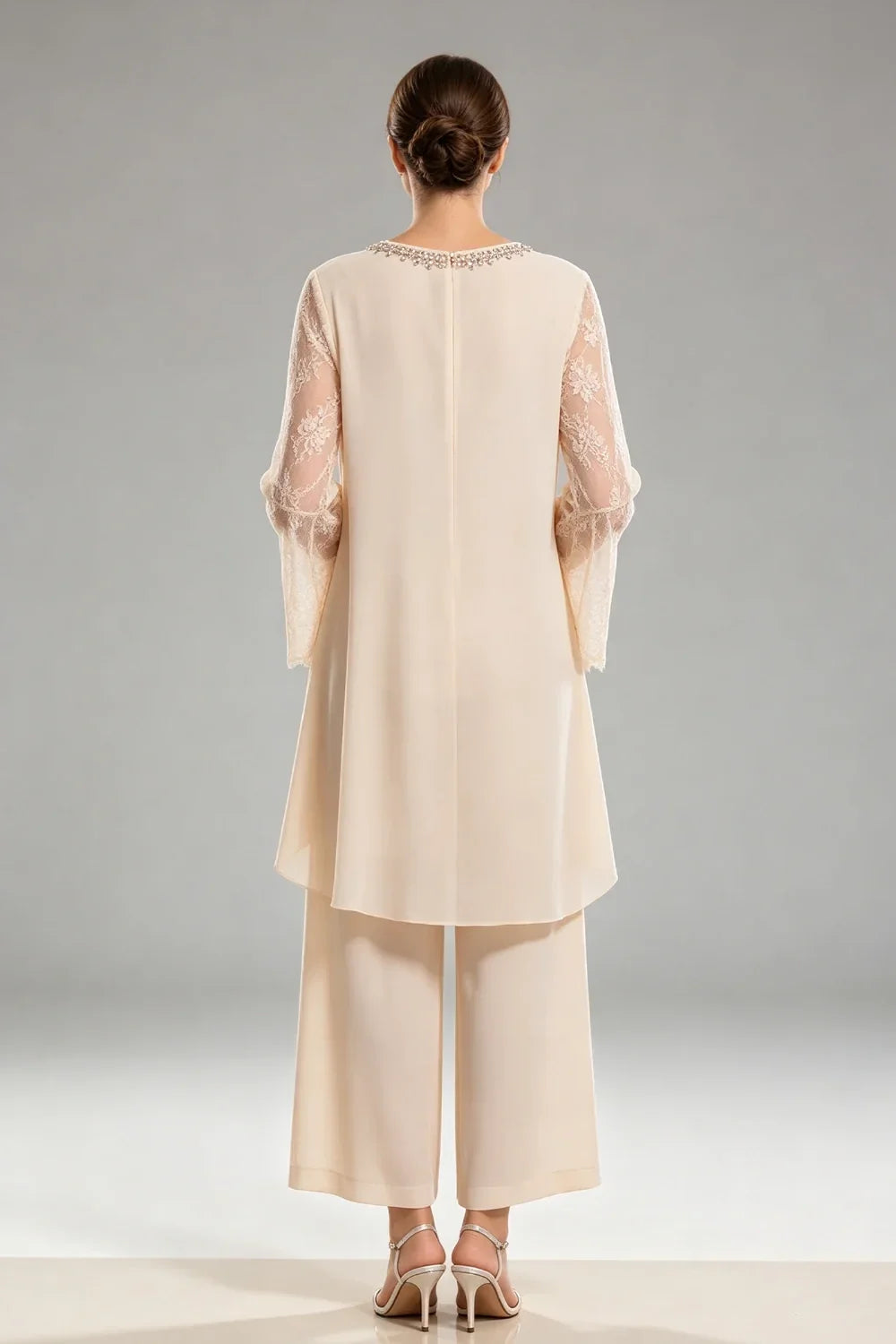 Saskia | Ivory Chiffon Pant Suit with Lace
