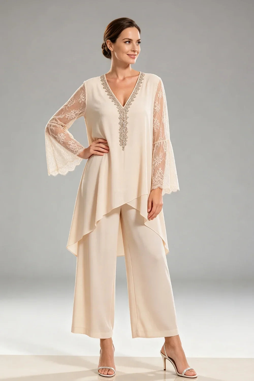 Saskia | Ivory Chiffon Pant Suit with Lace