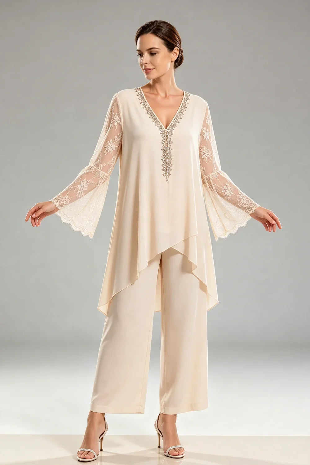 Saskia | Ivory Chiffon Pant Suit with Lace