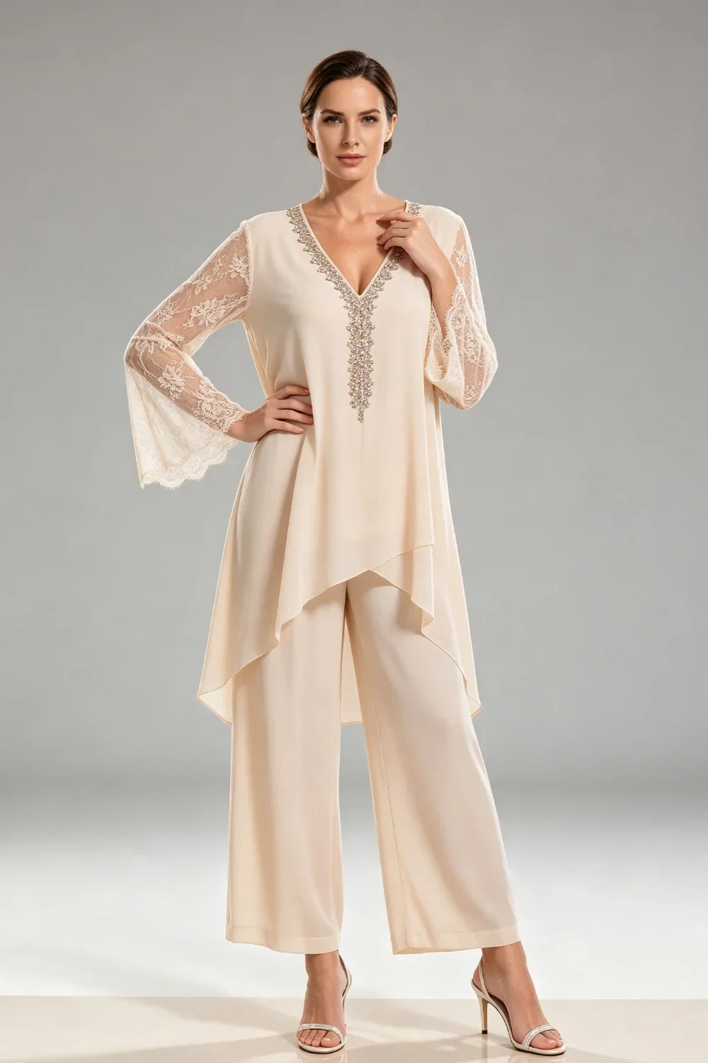 Saskia | Ivory Chiffon Pant Suit with Lace