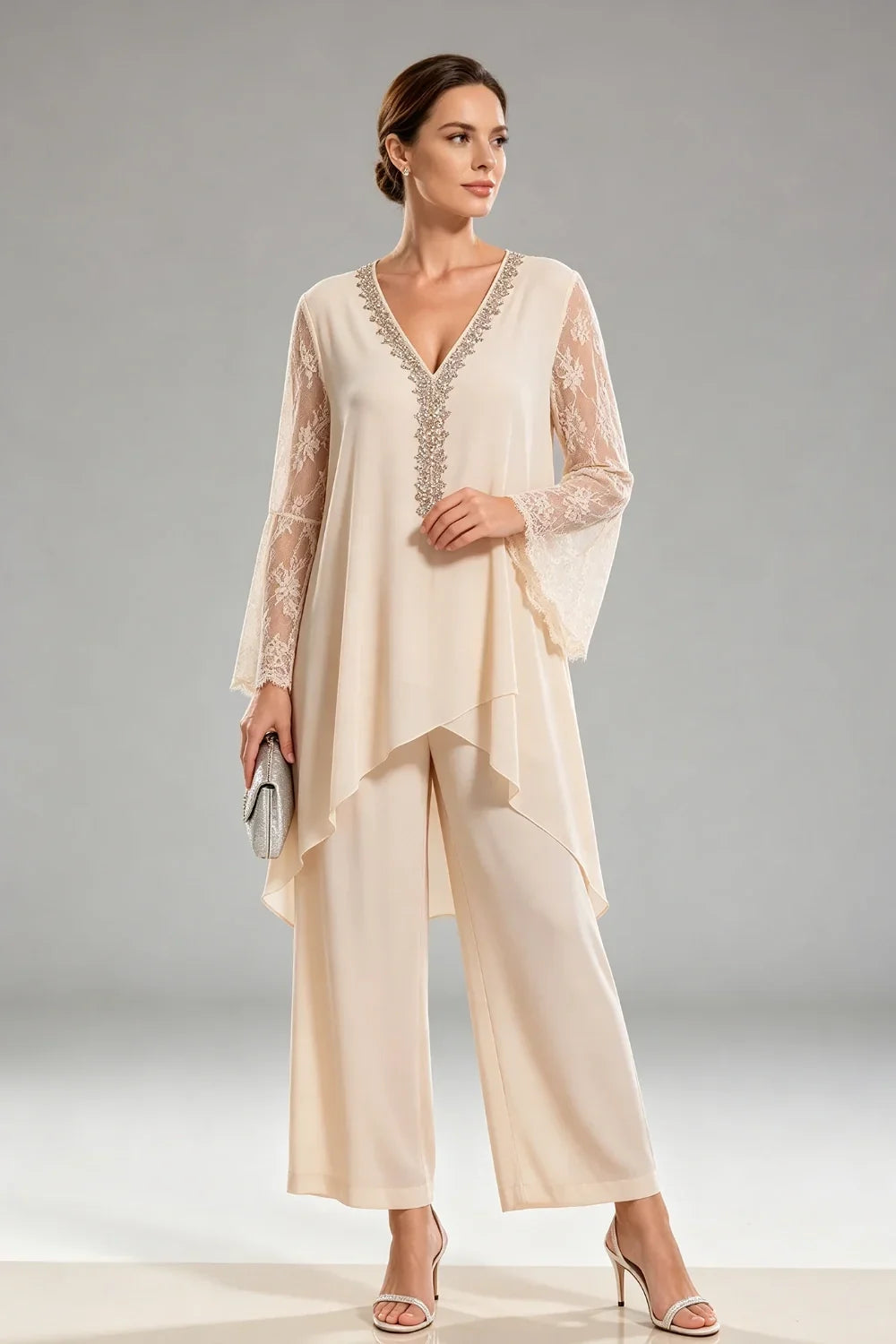 Saskia | Ivory Chiffon Pant Suit with Lace