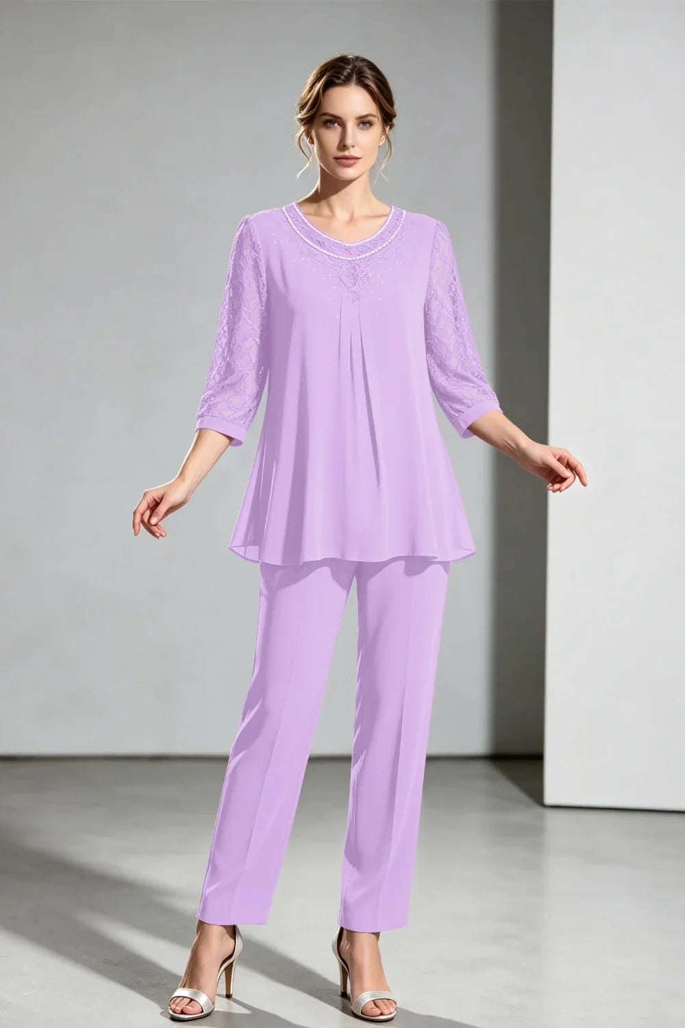 Brigitte | Chiffon Pant Suit with Lace Sleeves