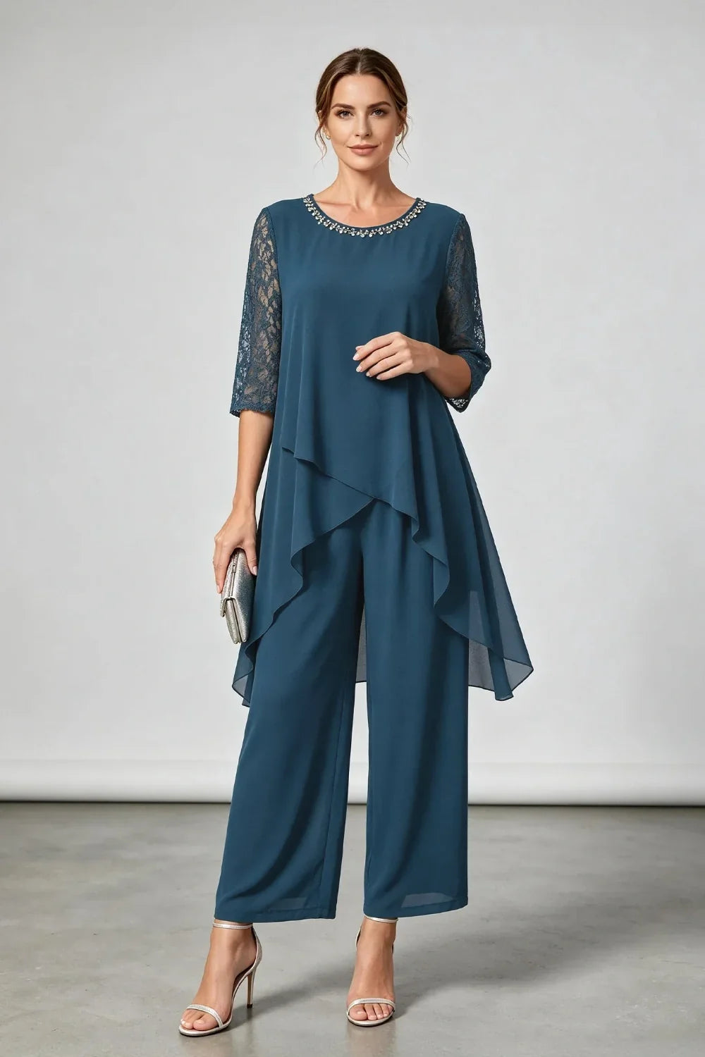 Annemarie | Layered Chiffon Jumpsuit with Decorative Neckline