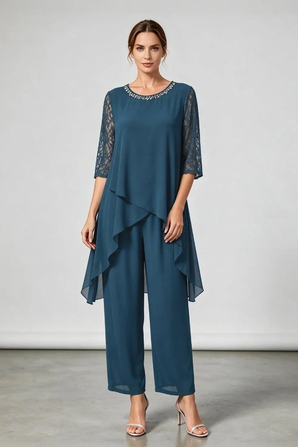 Annemarie | Layered Chiffon Jumpsuit with Decorative Neckline
