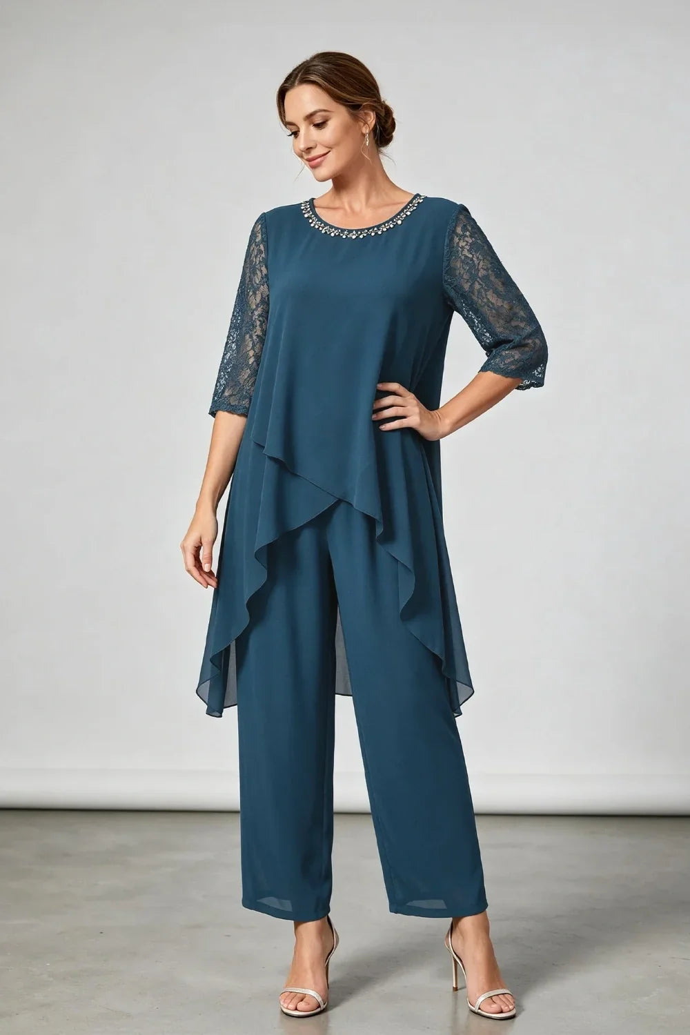 Annemarie | Layered Chiffon Jumpsuit with Decorative Neckline