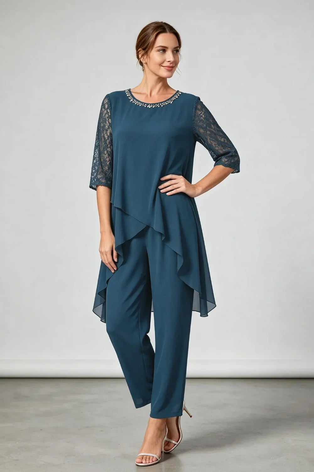 Annemarie | Layered Chiffon Jumpsuit with Decorative Neckline