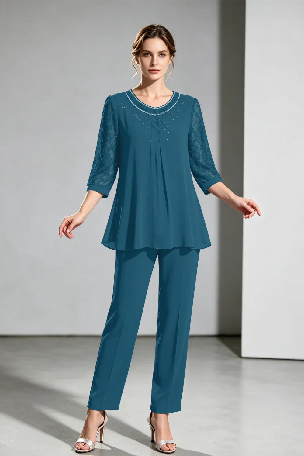 Brigitte | Chiffon Pant Suit with Lace Sleeves