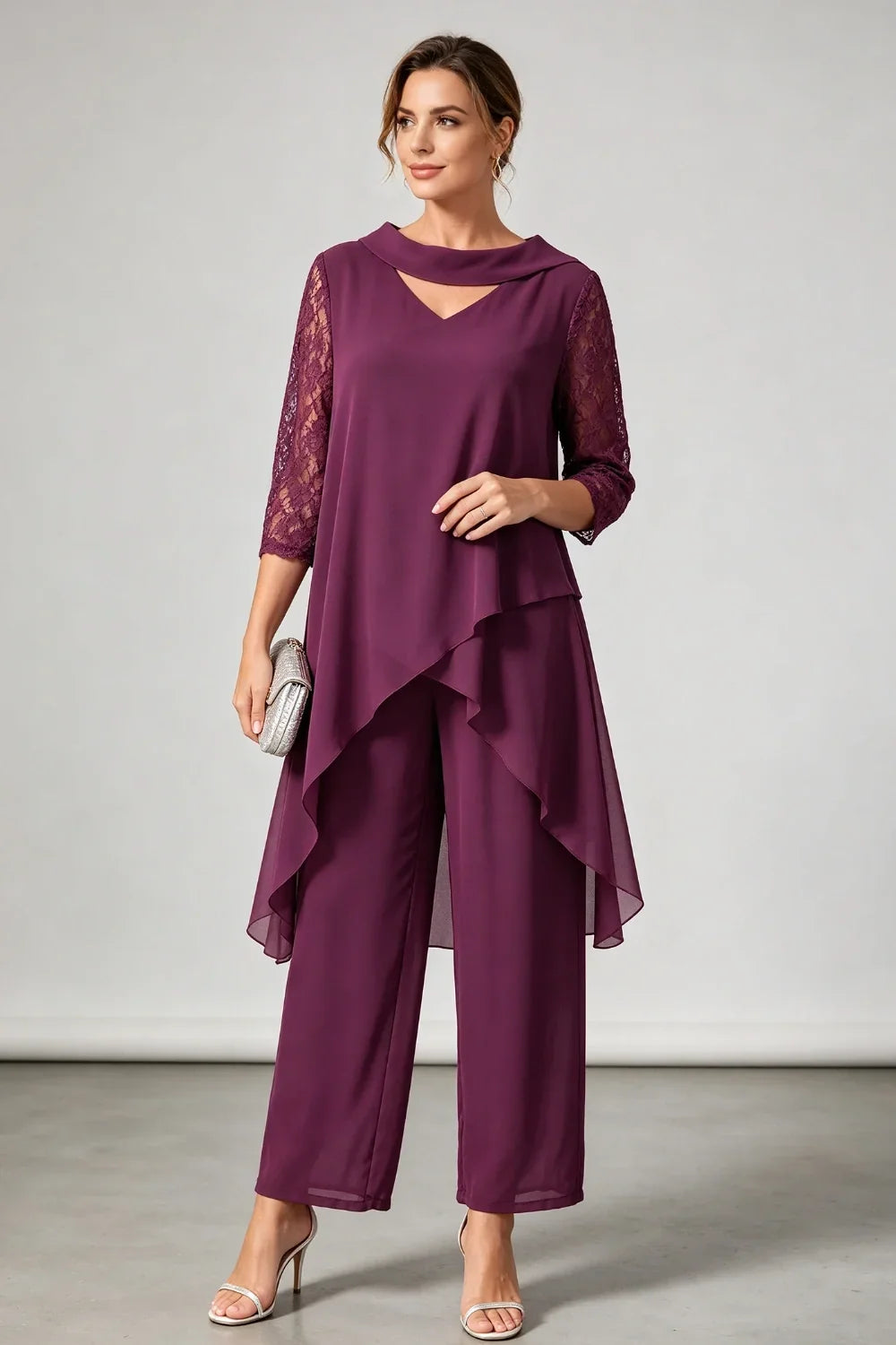Hilde | Chiffon Pantsuit with Lace Sleeves