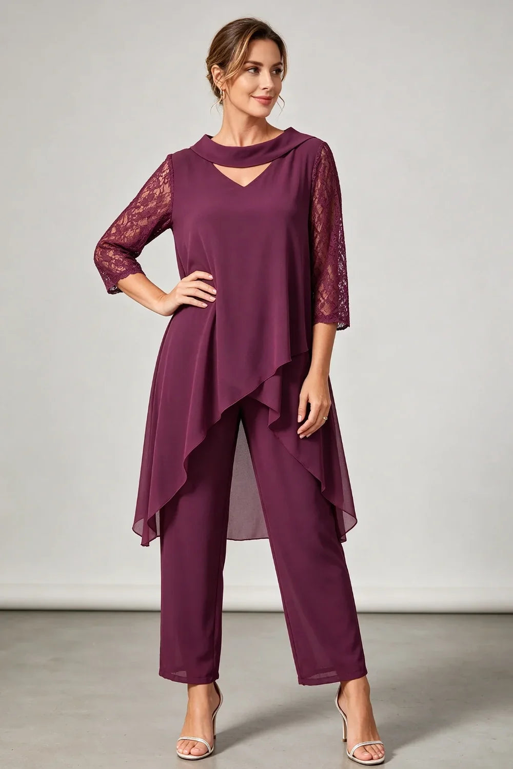 Hilde | Chiffon Pantsuit with Lace Sleeves