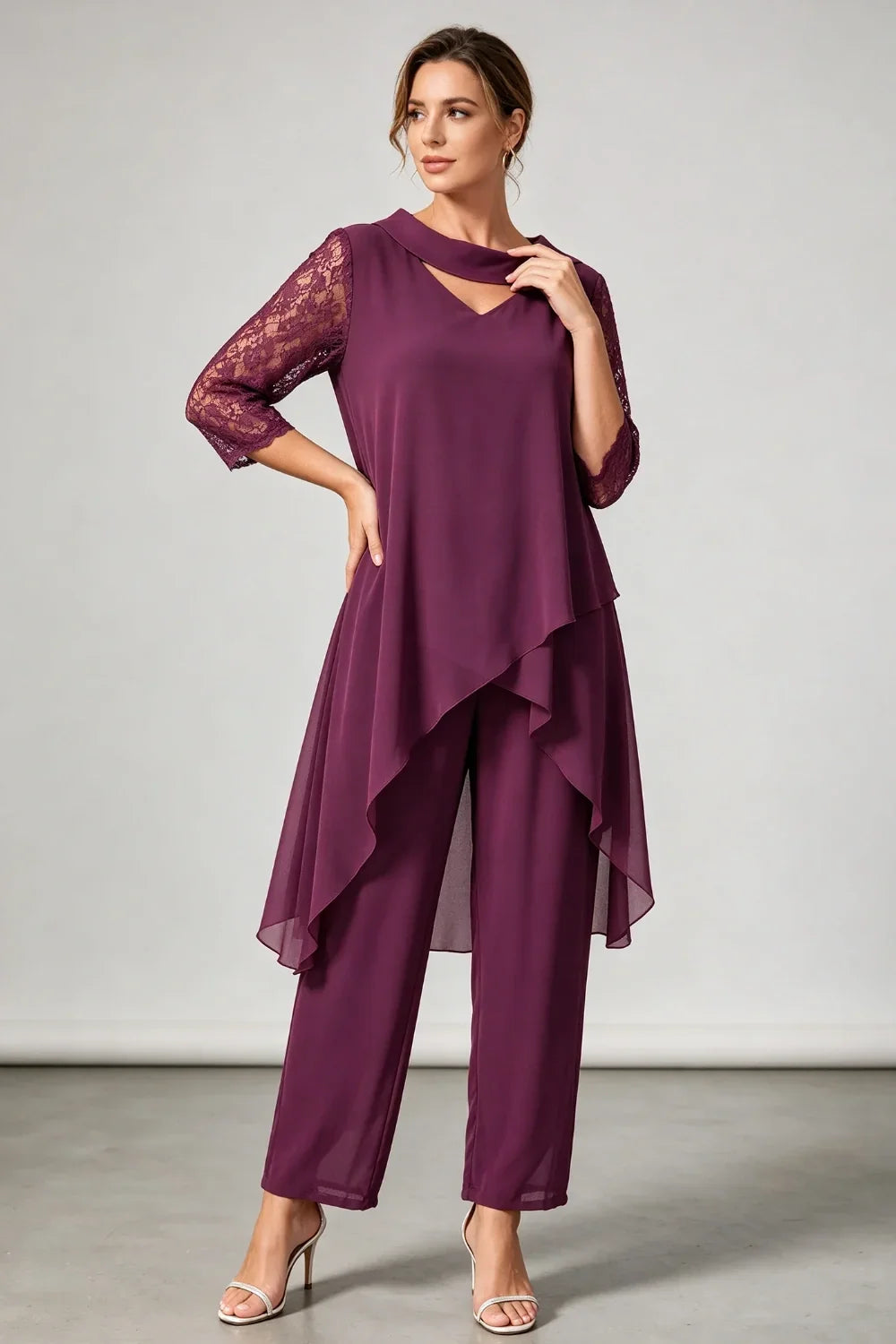 Hilde | Chiffon Pantsuit with Lace Sleeves