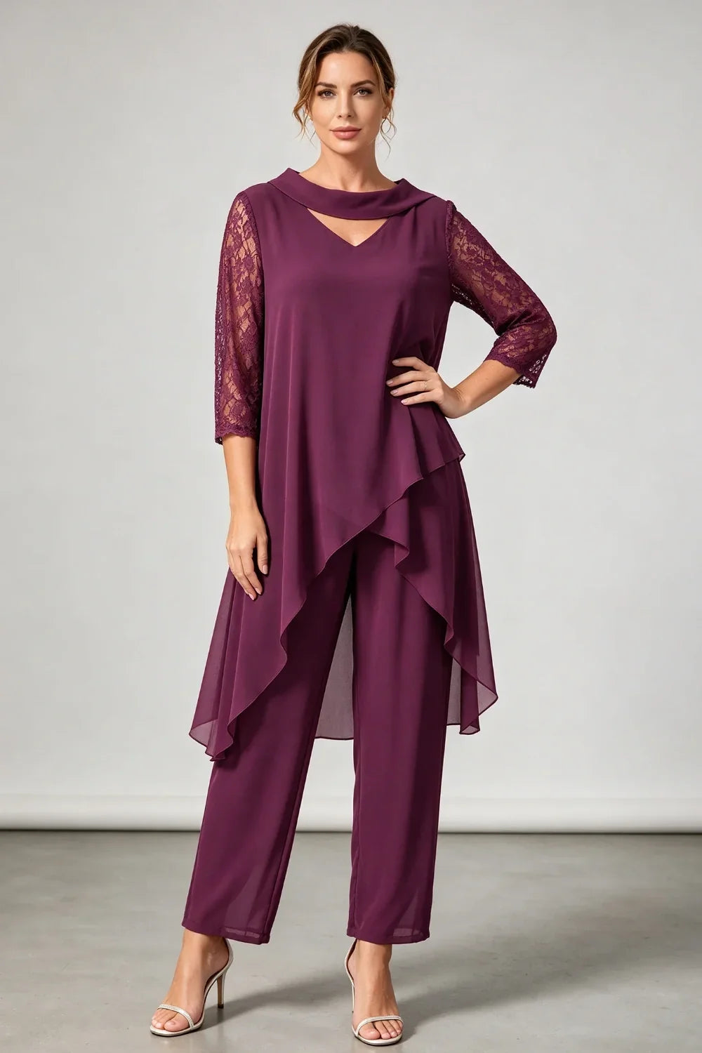 Hilde | Chiffon Pantsuit with Lace Sleeves