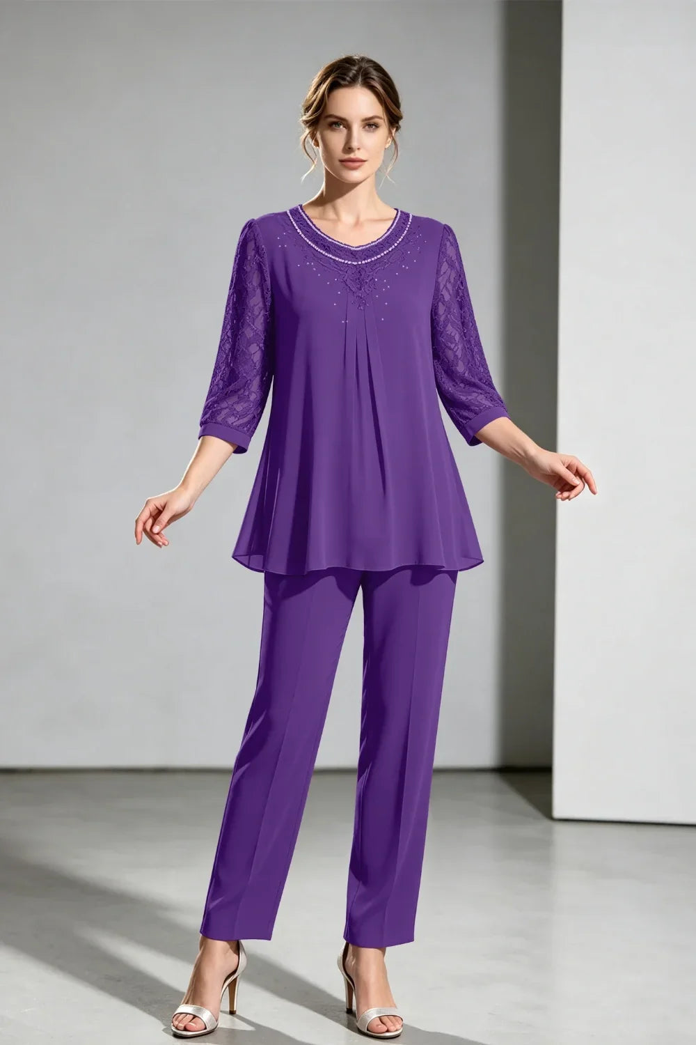 Brigitte | Chiffon Pant Suit with Lace Sleeves