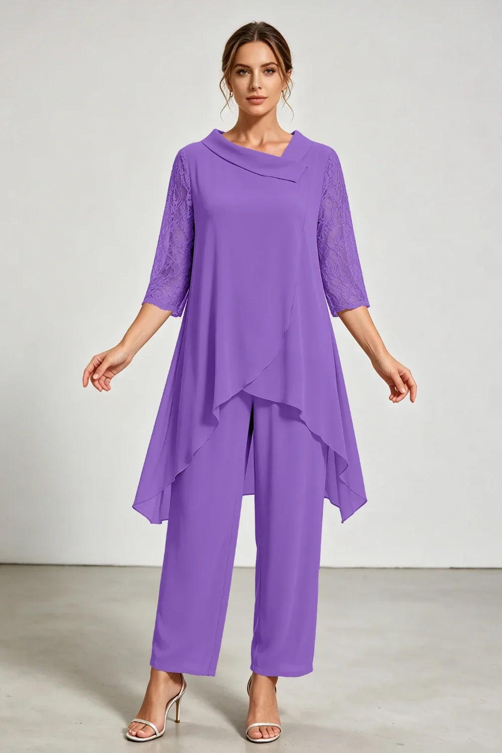 Caroline | Chiffon Pantsuit with Lace Sleeves