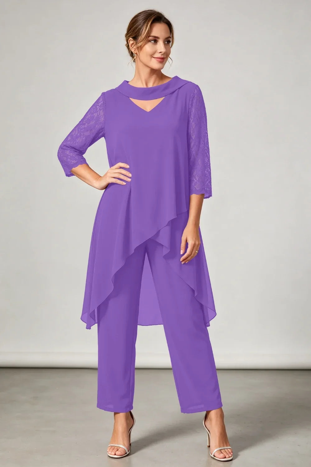 Hilde | Chiffon Pantsuit with Lace Sleeves