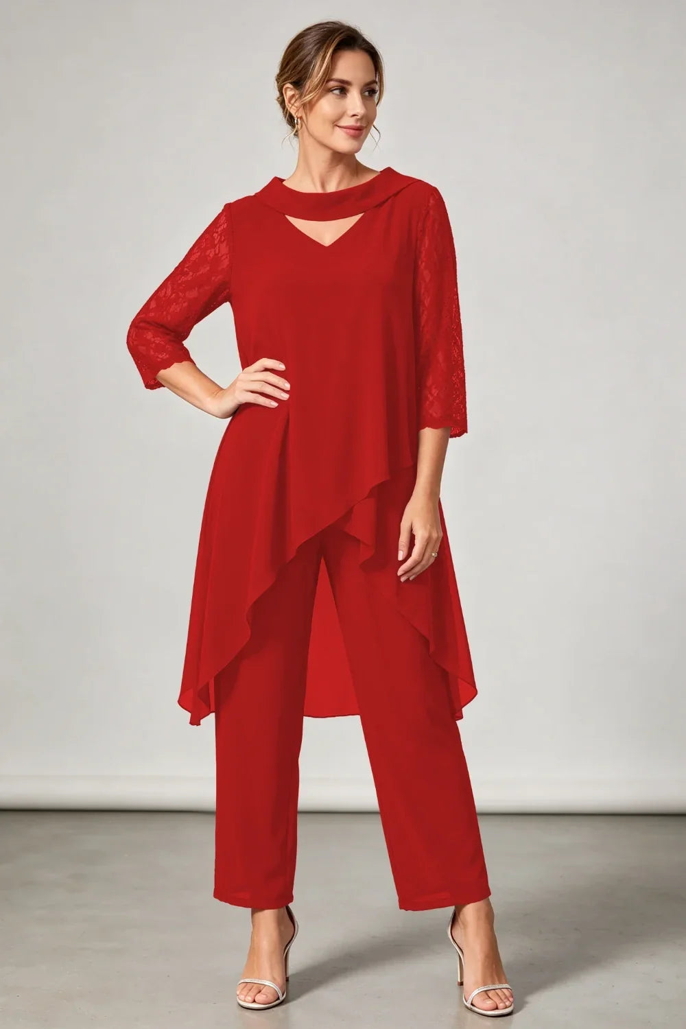 Hilde | Chiffon Pantsuit with Lace Sleeves