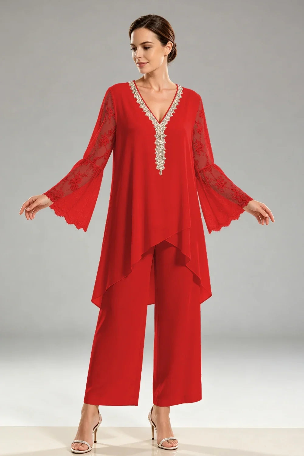 Saskia | Ivory Chiffon Pant Suit with Lace