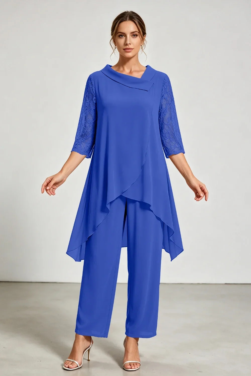 Caroline | Chiffon Pantsuit with Lace Sleeves
