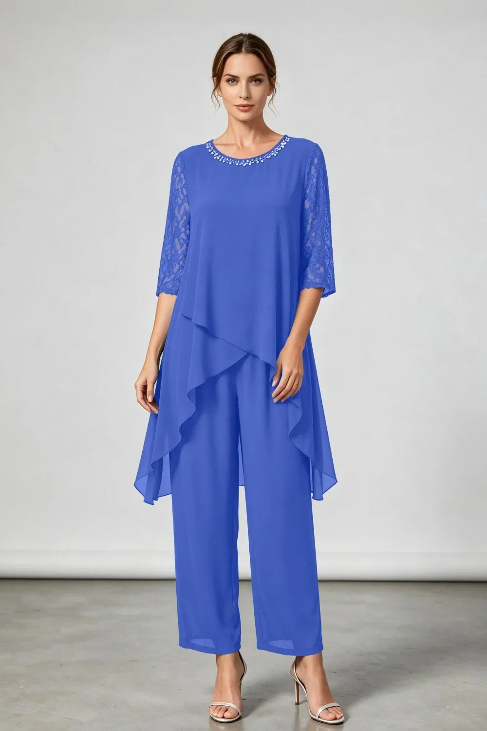 Annemarie | Layered Chiffon Jumpsuit with Decorative Neckline