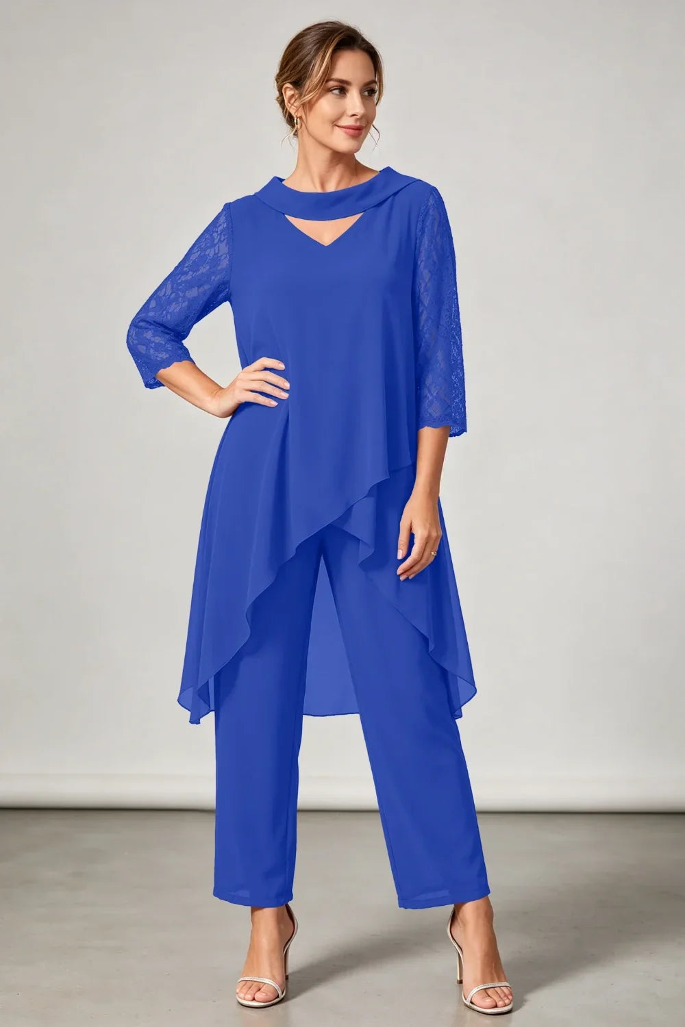 Hilde | Chiffon Pantsuit with Lace Sleeves