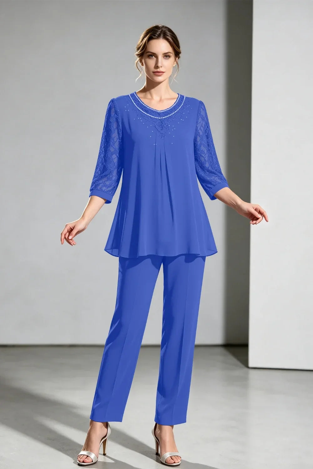Brigitte | Chiffon Pant Suit with Lace Sleeves