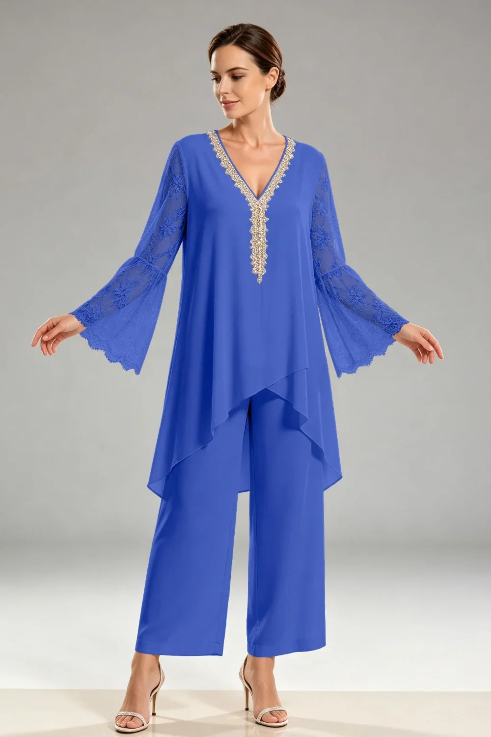 Saskia | Ivory Chiffon Pant Suit with Lace