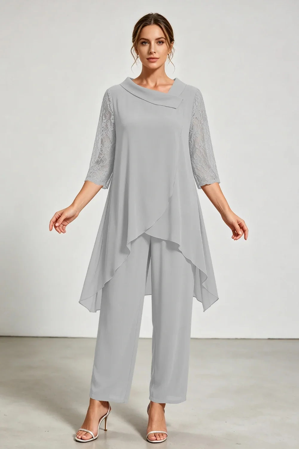 Caroline | Chiffon Pantsuit with Lace Sleeves