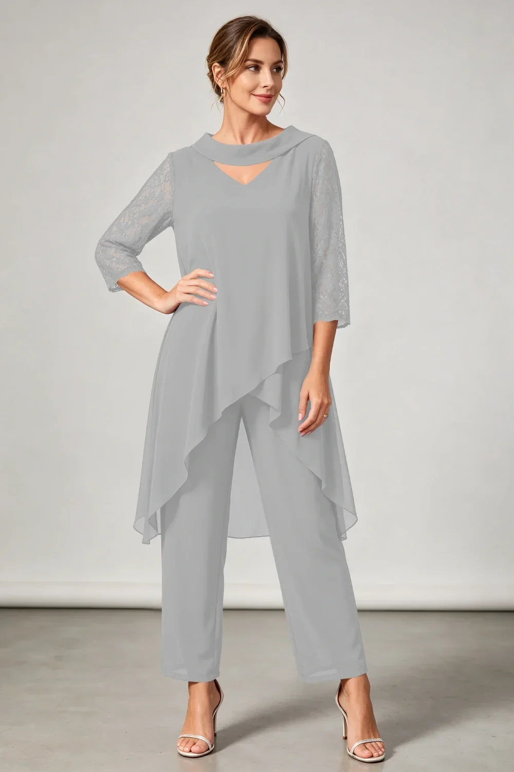 Hilde | Chiffon Pantsuit with Lace Sleeves