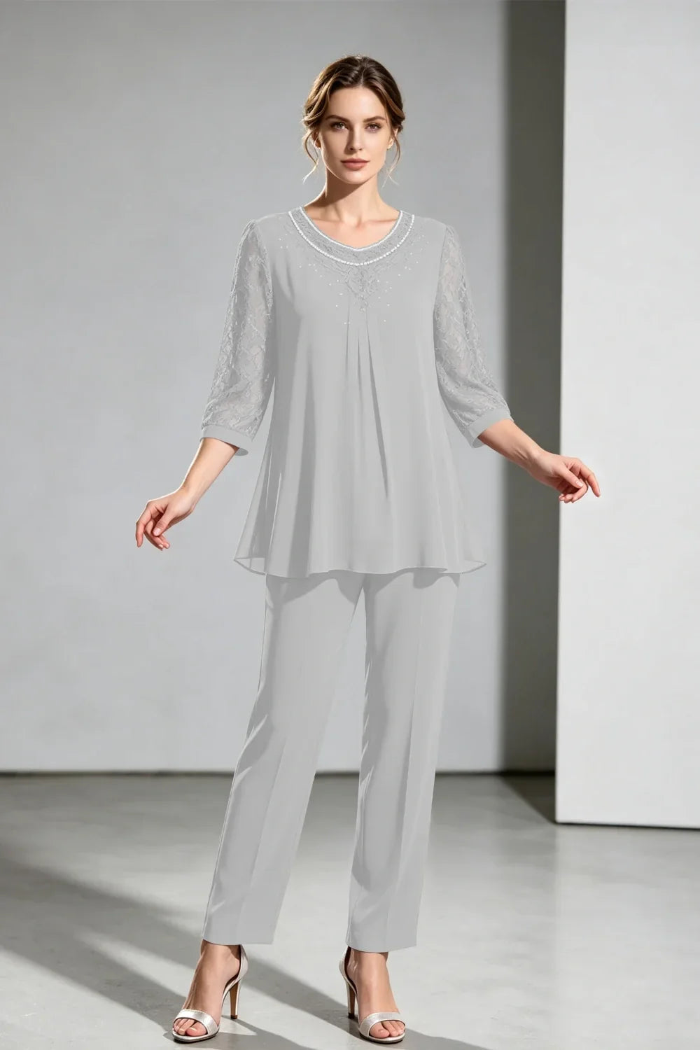 Brigitte | Chiffon Pant Suit with Lace Sleeves