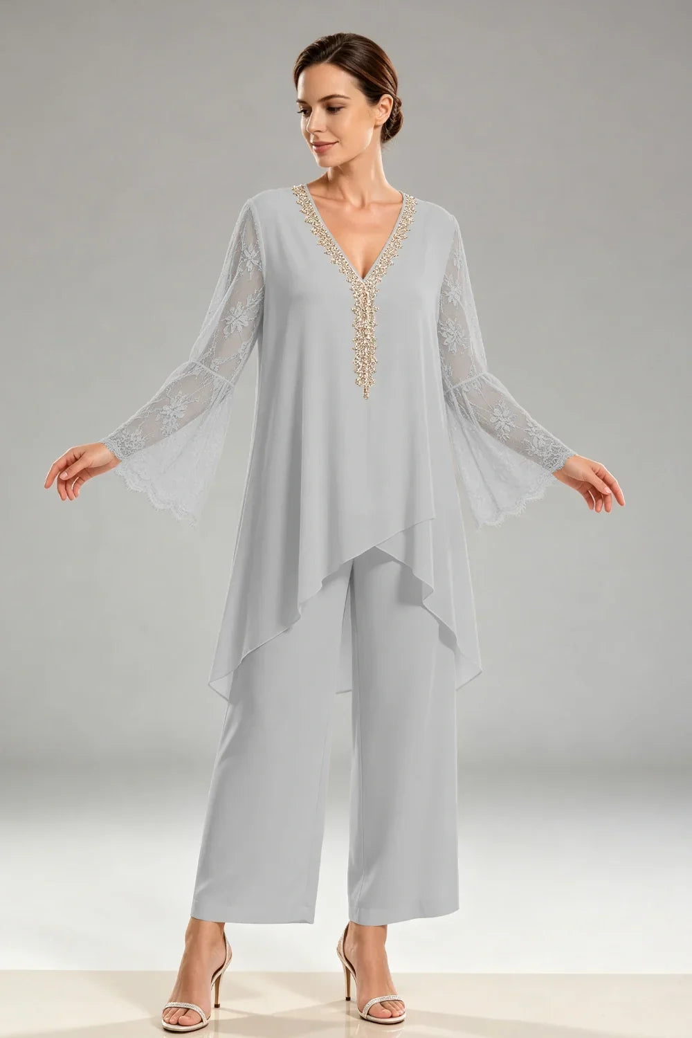 Saskia | Ivory Chiffon Pant Suit with Lace