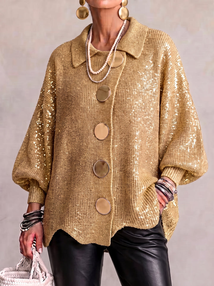 Elvinia™ | Oversized Collared Cardigan Featuring Statement Metal Buttons