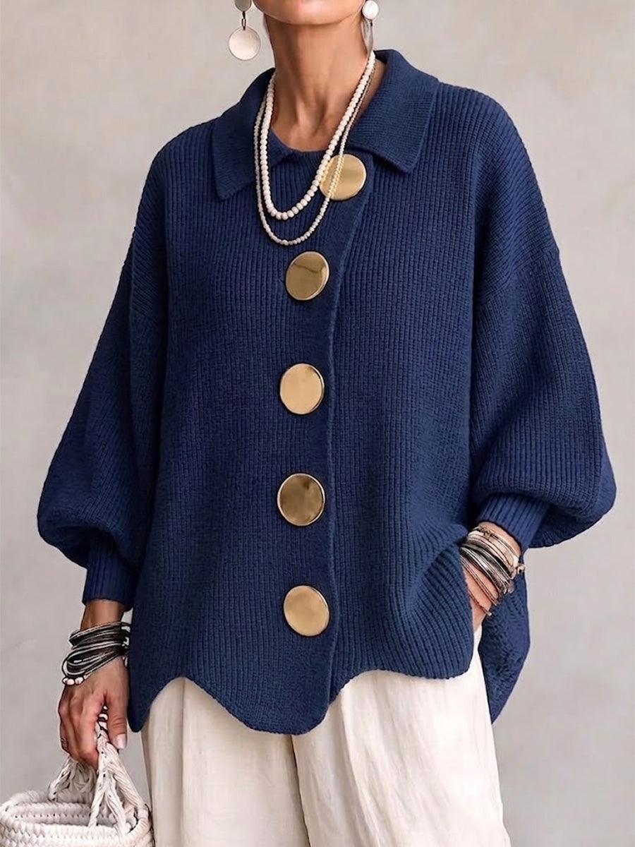 Elvinia™ | Oversized Collared Cardigan Featuring Statement Metal Buttons