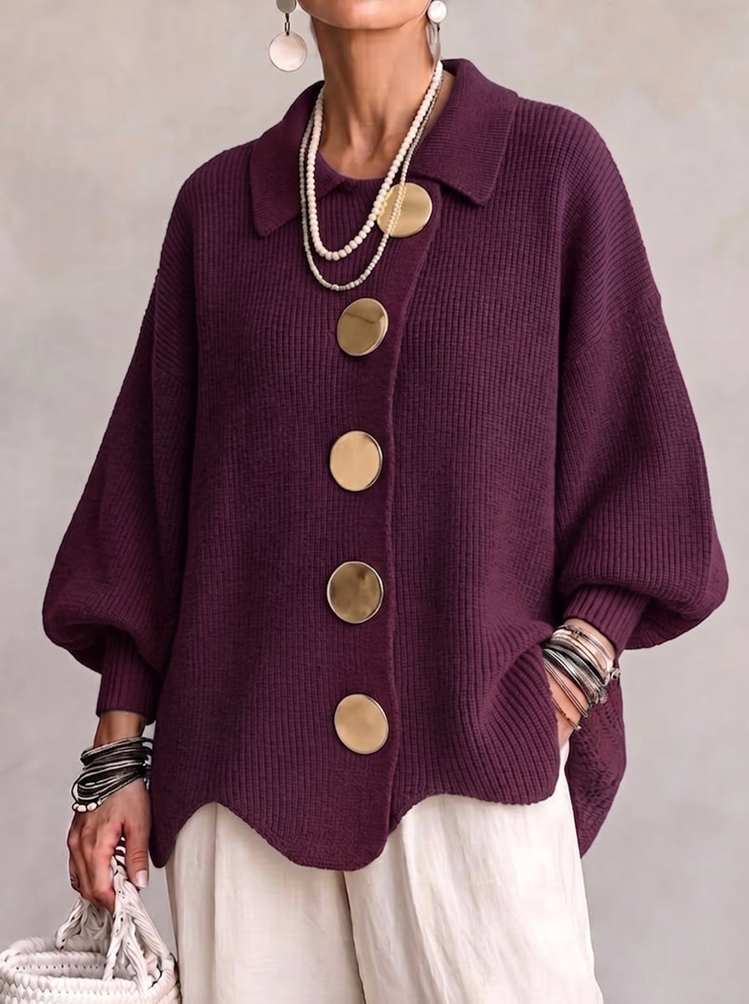 Elvinia™ | Oversized Collared Cardigan Featuring Statement Metal Buttons