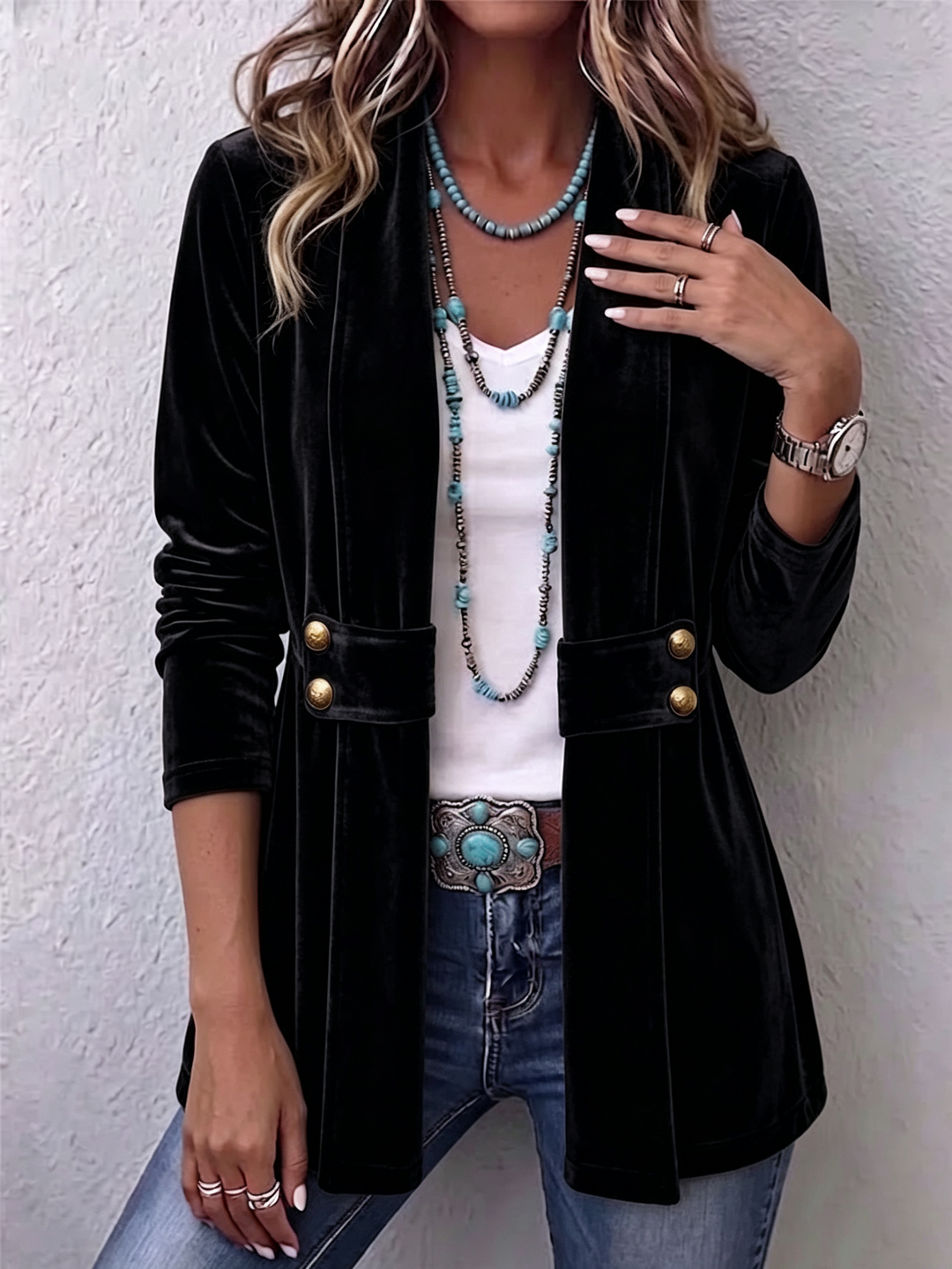 Holliwell | Women's Ruched Cuff Open-Front Lapel Jacket