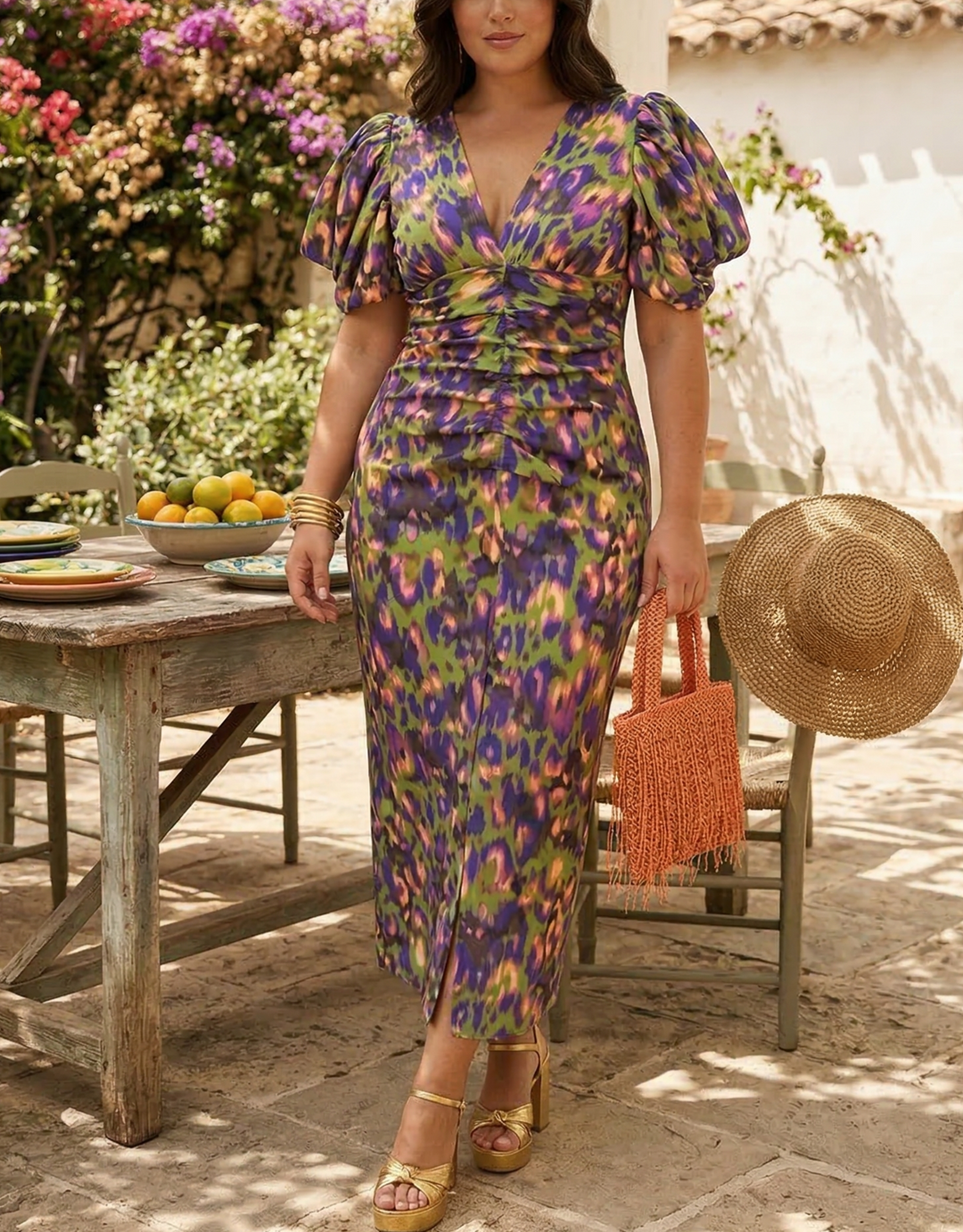 Maren - Colorful Midi Dress Featuring Puff Sleeves